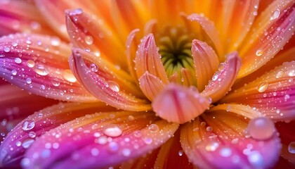 Fototapeta premium a close-up photo of a vibrant flower with layered petals in pink, orange, and yellow hues. water droplets cover the delicate petals, emphasizing freshness, detail, and natural beauty.