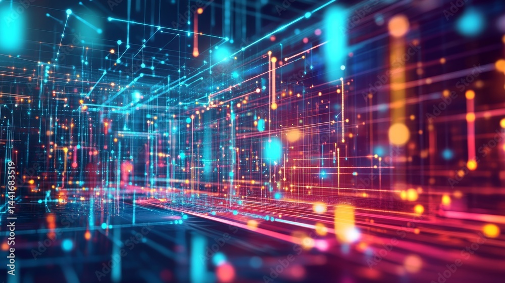 Poster dynamic digital data flow virtual space abstract visualization futuristic theme 3d perspective digit