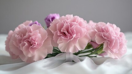 Pink carnation bouquet on white and gray background, showcasing delicate blooms and elegant floral arrangement perfect for weddings, romantic decor or spring celebrations.