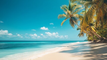 Stunning tropical beach scene with lush palm trees and azure ocean waves under a bright summer sky