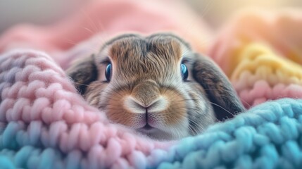 Soft-focus rabbit nose with pastel-colored blanket background