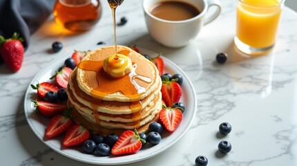 “Capture a top-down photo of a colorful breakfast spread with pancakes, berries, orange juice, and coffee on a white marble table