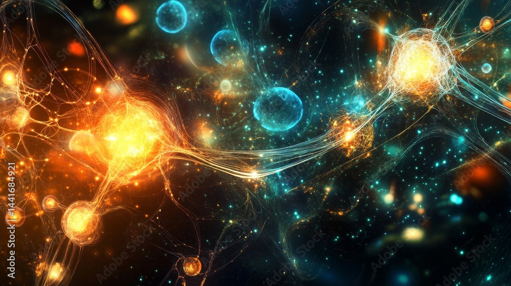 Poster dynamic particle interaction cosmic space abstract art colorful universe close-up energy and matter 