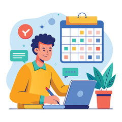 Young man with computer fills schedule calendar vector 