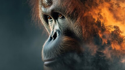 Double exposure orangutan with burning jungle in wildlife concept. A powerful close-up of an orangutan's face with dramatic background.