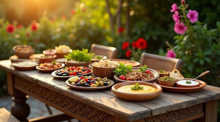 “A rustic wooden table set outdoors with an elaborate spread of Mediterranean food, including olives, grilled vegetables, flatbreads, and colorful dips, under warm golden sunset lighting.