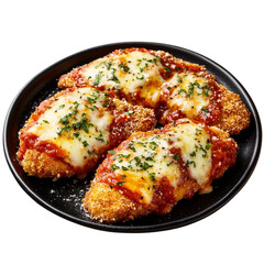 Crispy chicken parmesan on a black plate with marinara sauce and melted cheese [Transparent Background PNG] 