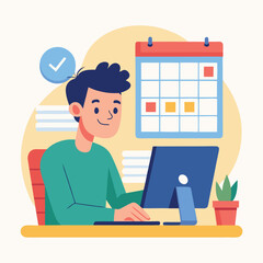 Young man with computer fills schedule calendar vector 