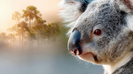 Obraz premium Double exposure koala with burning jungle in tropical animal concept. A close-up of a koala in a serene natural environment.