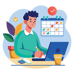 Young man with computer fills schedule calendar vector 
