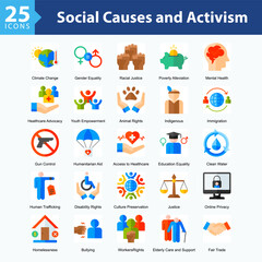 Social Causes and Activism is a collection of icons in sheet format illustrating global social issues, human rights movements, and sustainability campaigns supporting positive societal change.	