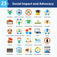 Social Impact & Advocacy is a collection of icons in sheet format illustrating global social issues, human rights movements, and sustainability campaigns supporting positive societal change.	