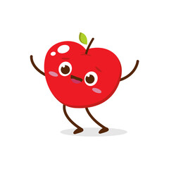 Cute Smiling Red Apple Character. Kawaii Red Fruit Mascot Style Vector. Cute vector character set in various action emotions. Collection symbols isolated on a white background