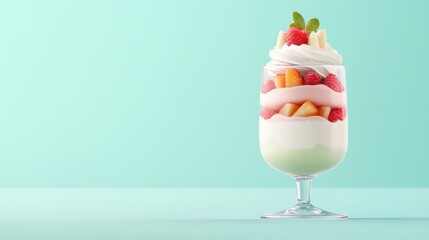 Vibrant Trifle Dessert with Layers of Cream and Fruit in a Glass Against a Mint Green Background
