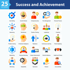 Success and Achievement is a collection of icons in sheet format illustrating self-development, leadership, decision-making, and global and social awareness throughout personal growth journeys.