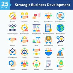 Strategic Business Development is a collection of icons in sheet format representing business growth through innovation, collaboration, risk analysis, and strategic decision-making in modern markets.