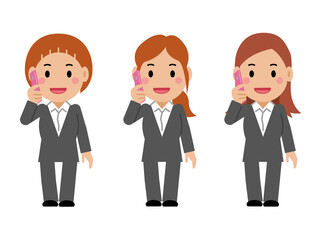 スマホで電話するグレースーツの若い女性。その2