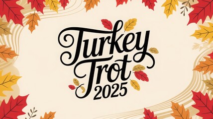 Elegant Turkey Trot 2025 Poster Design with Colorful Fall Leaves and Stylish Typography