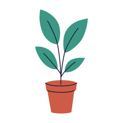 Flat cartoon illustration of green houseplant in terracotta ceramic pot, minimal and cozy home decor element, plant doodle icon, cozy green decorative element for indoor interior