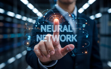 Businessman Touching Virtual Interface Representing Neural Network Technology and Artificial Intelligence in Data Center Environment