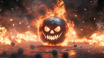 Skull face fiery bomb. Burning halloween pumpkin scary face explosion. Red bomb devil Halloween grenade explosion. Wicked smiley bomb skull grenade. Burning skull bomb on fire