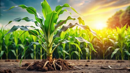 Fototapeta premium Standalone corn stalk with vibrant green leaves and robust roots in a rustic landscape, emphasizing natural beauty , foliage