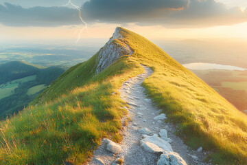 Majestic mountain peak trail at sunset with lightning storm in the background. Breathtaking landscape photography.