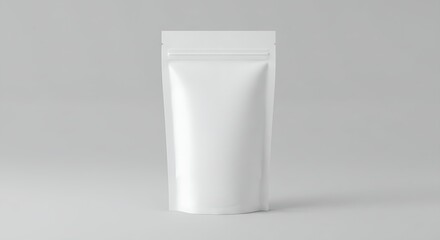 A versatile packaging mockup, a blank white stand-up pouch with a clear zip lock, is cleanly presented on a light grey background with a soft shadow