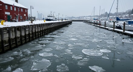 Floating Ice in Marina Waterway on a Cold Winter Day
