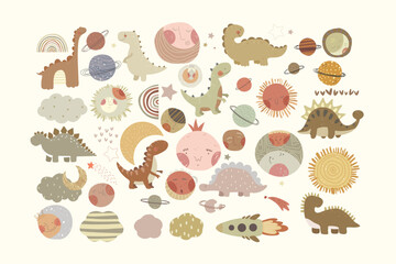 Big set with cute hand drawn dinosaurs, planets, stars, space sheap, clouds and moon. Vector illustrtion with diffferent cartoon planets and animals.