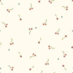 Seamless pattern with cherries and hearts. Vector illustrtaion with smalll hand drawn cherries and cute hearts.