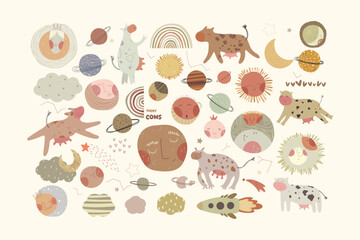 Big set with cute hand drawn cows, planets, stars, space sheap, clouds and moon. Vector illustrtion with diffferent cartoon planets and animals.
