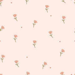 Hand drawn flowers and small cute hearts , seamless pattern .Vector illustration 