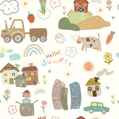 Hand drawn  kids illustration with cartoon flowers, rainbows, houses, fruits, animals, clouds and sun. Vector illustration with hand drawn farm, city, and plants,doodle.	
