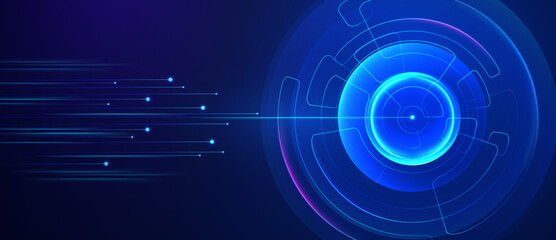 Blue digital data flow into glowing circle technology background