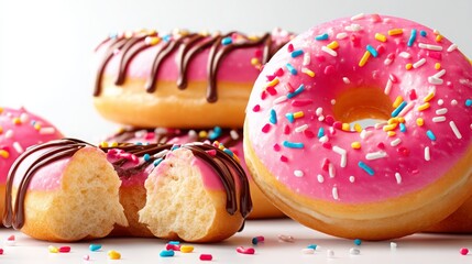 Delicious Pink Iced Donuts with Chocolate Drizzle and Sprinkles