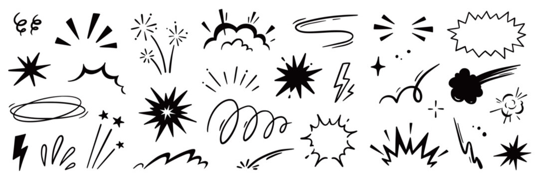 Line speed cartoon effect, boom explosive motion line element set. Comic boom burst, explosive smoke, line speed cartoon vector icon. Hand drawn sketch doodle action effect. Vector illustration