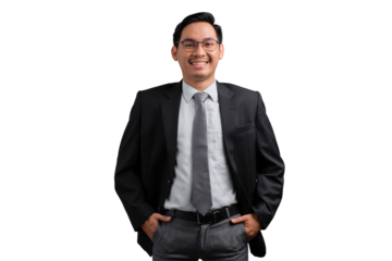 Confident Asian businessman in suit smiling and standing with hands in pocket, isolated on transparent background