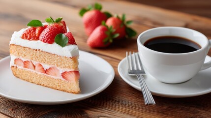 Delicious Strawberry Cake with Coffee on Wooden Table Setting