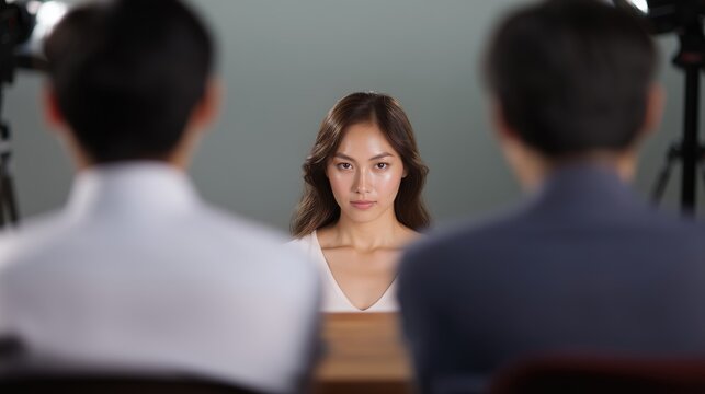 An Asian woman is being interviewed by two men in front of the camera. Casting session. Audition