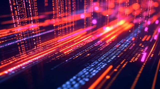 Dynamic data stream visualization with glowing light trails background