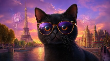 Black cat wearing glasses with Eiffel Tower and fireworks in the background at sunset