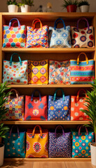 Colorful patterned tote bags arranged on a wooden shelf with plants  