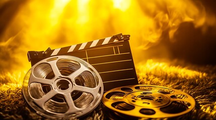 Obraz premium vintage film reels and clapperboard with dramatic golden light in cinematic movie production scene