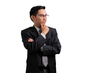 Confident Asian businessman in suit thinking and looking away, isolated on transparent background