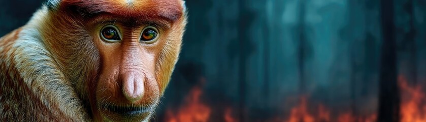 Naklejka premium Double exposure proboscis with burning jungle in endangered species concept, urgent.