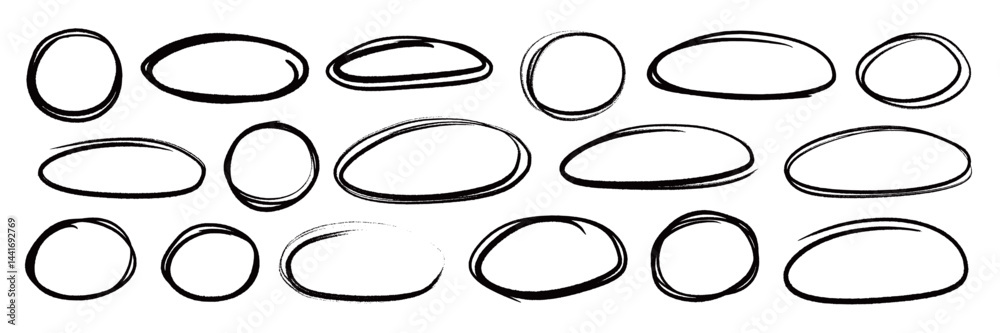 Leinwandbilder line brush pen highlight round oval frame set. hand drawn marker, pen scribble stroke line oval fram