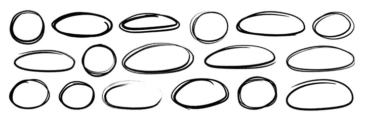 Line brush pen highlight round oval frame set. Hand drawn marker, pen scribble stroke line oval frame. Brush round frame for text highlight ellipse. Grunge scratch style set. Vector illustration