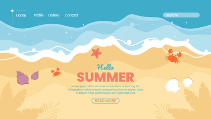 Cartoon Beach Scene with Crabs, Shells, and Starfish in Flat Style