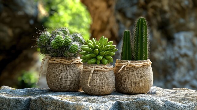 Ceramic pots with cacti and succulents in burlap, placed on a rugged surface. Green plants and natural textures create a cozy, organic vibe.